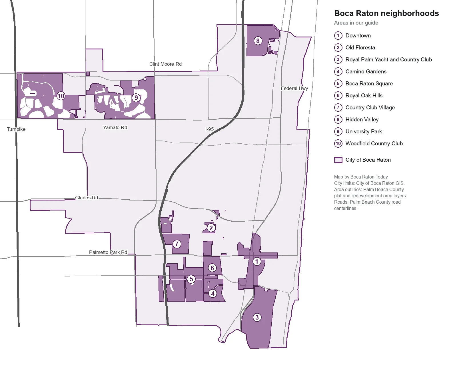 Map of Boca Raton with 10 shaded neighborhoods: Woodfield Country Club and University Park north of Yamato Road in the northwest, Hidden Valley in the northeast corner between I-95 and Dixie Highway, Country Club Village and Old Floresta north of Palmetto Park Road, Boca Raton Square, Royal Oak Hills and Camino Gardens south of it, Downtown along Federal Highway, and Royal Palm Yacht and Country Club in the southeast