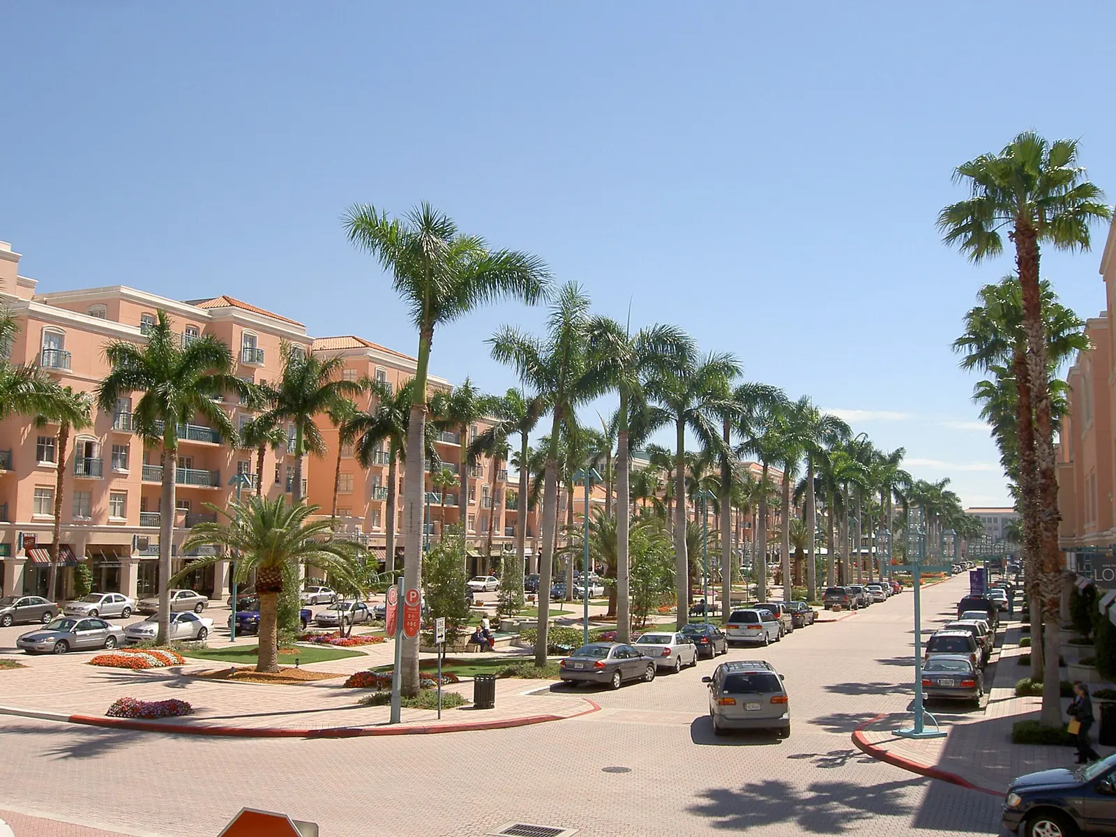 Royal palms line the central plaza of Mizner Park in downtown Boca Raton.