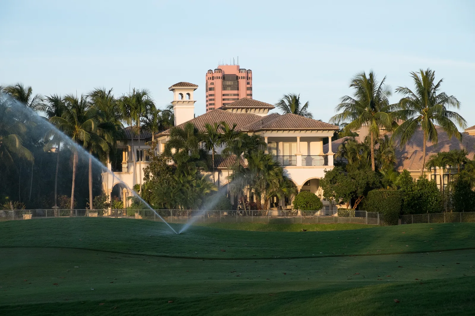 A golf course in Boca Raton, with The Boca Raton resort's tower in the background.