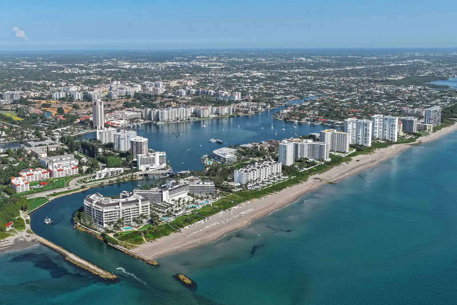 The Boca Raton Inlet, the barrier island and Lake Boca Raton from the air.