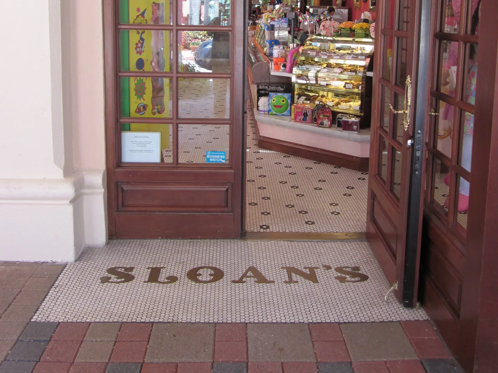 The doorway of Sloan's ice cream and candy shop on Plaza Real in Mizner Park.