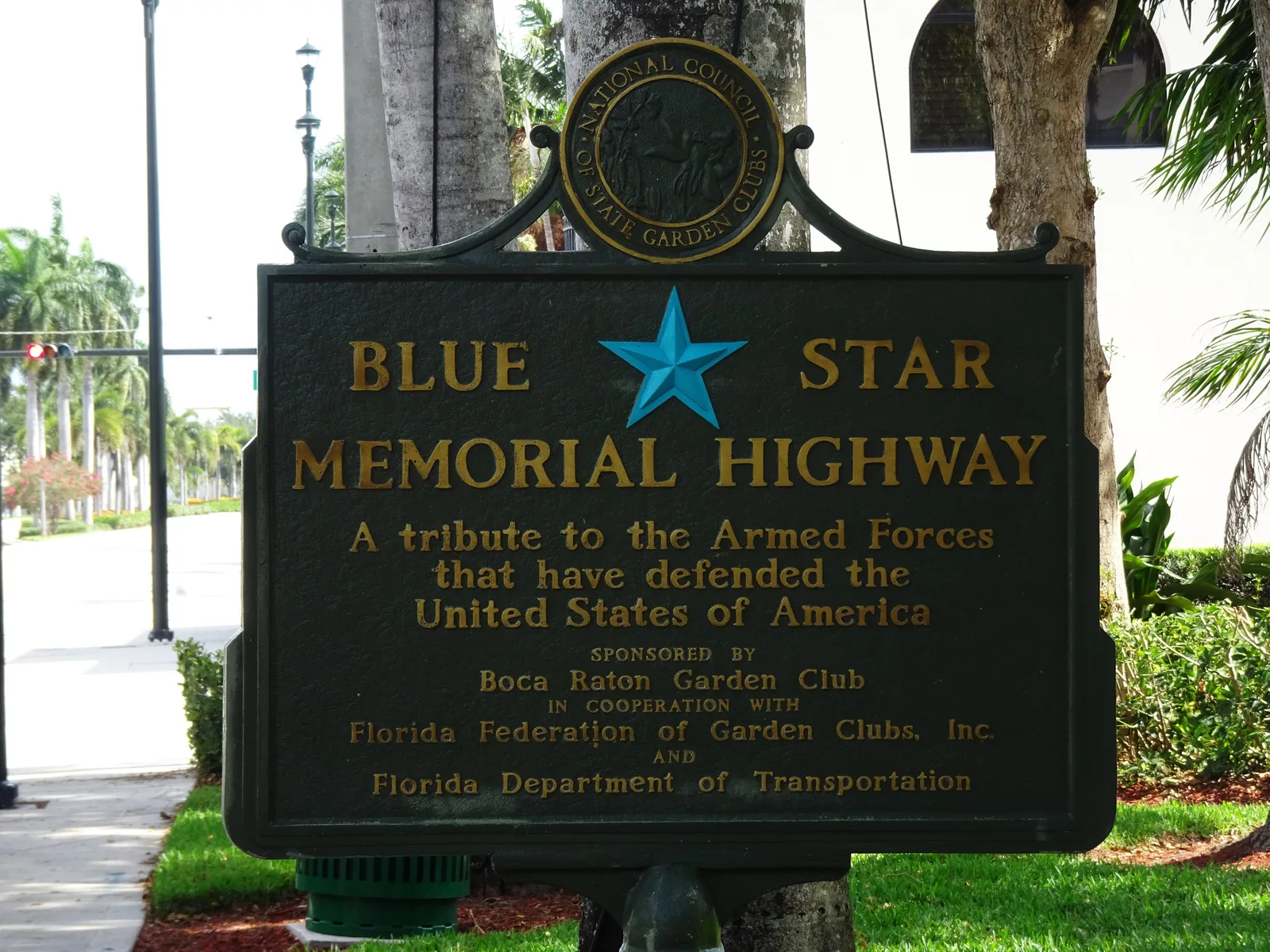 The Blue Star Memorial Highway marker, which honors the armed forces, in Sanborn Square on North Federal Highway in Boca Raton.