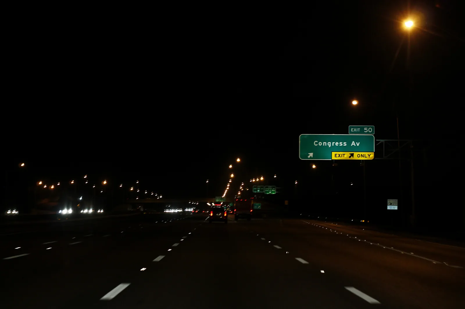 Southbound I-95 at night near exit 50, Congress Avenue, the nearest exit to Hidden Valley in Boca Raton