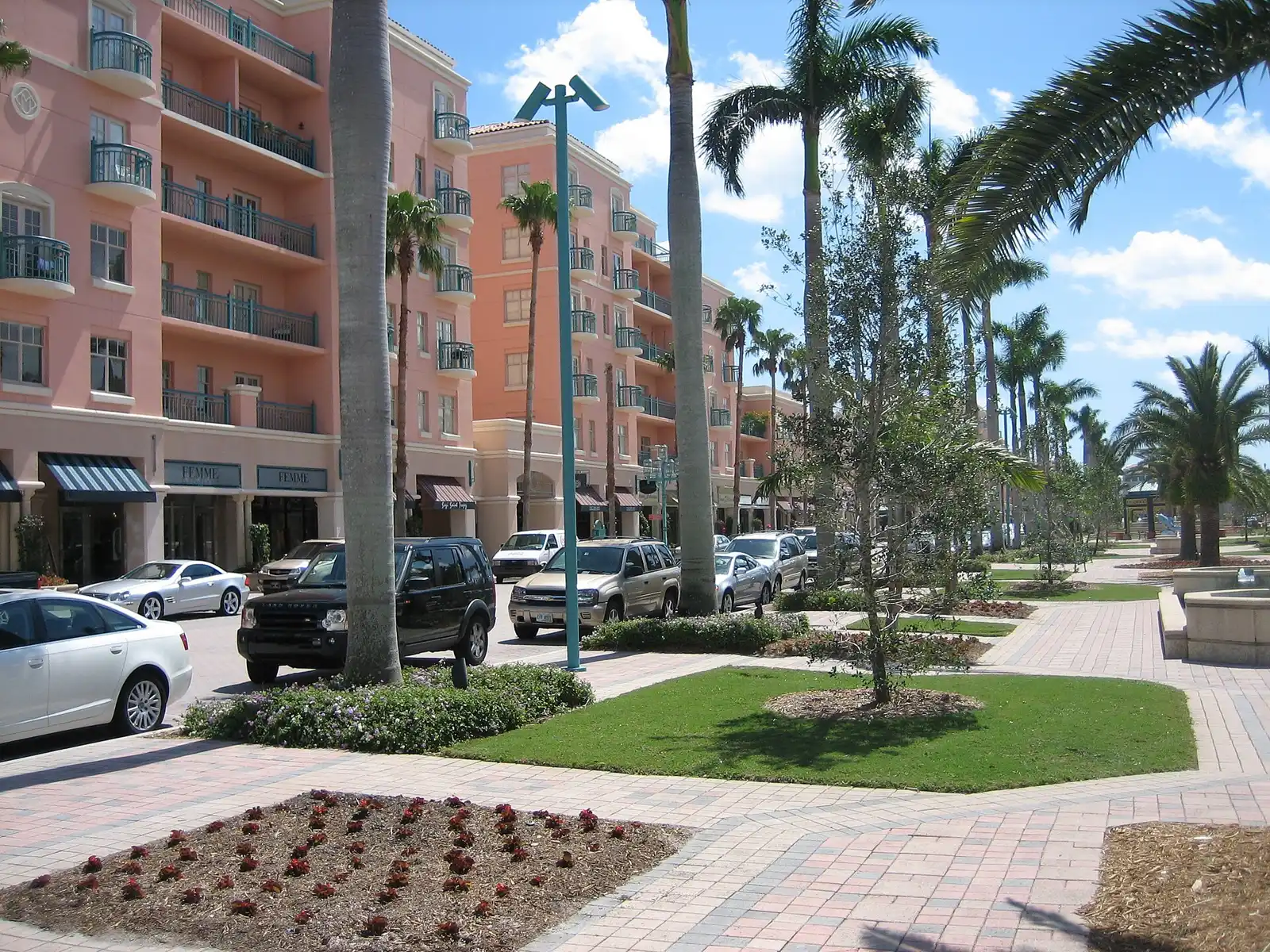 Storefronts and apartments along the plaza at Mizner Park in downtown Boca Raton.