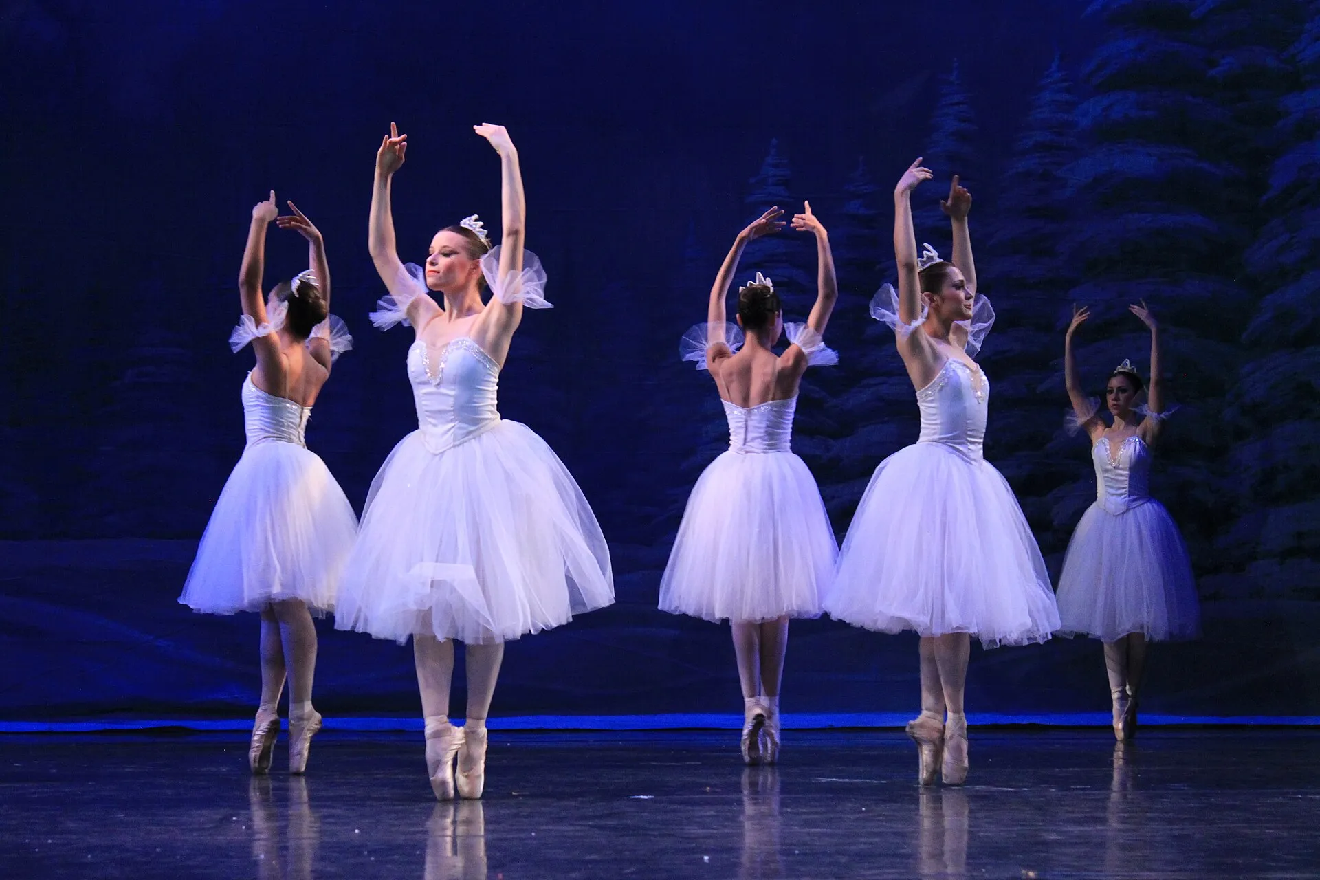 Dancers in the snowflake scene of "The Nutcracker," performed by students of the Escuela Superior de Música y Danza.