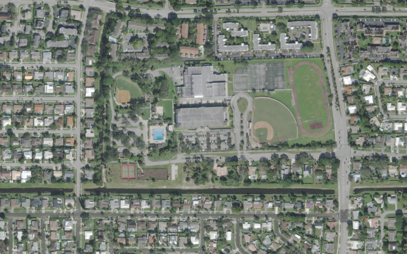 Boca Raton Community Middle's campus off NW Eighth Street, west of I-95 in Boca Raton, seen from the air