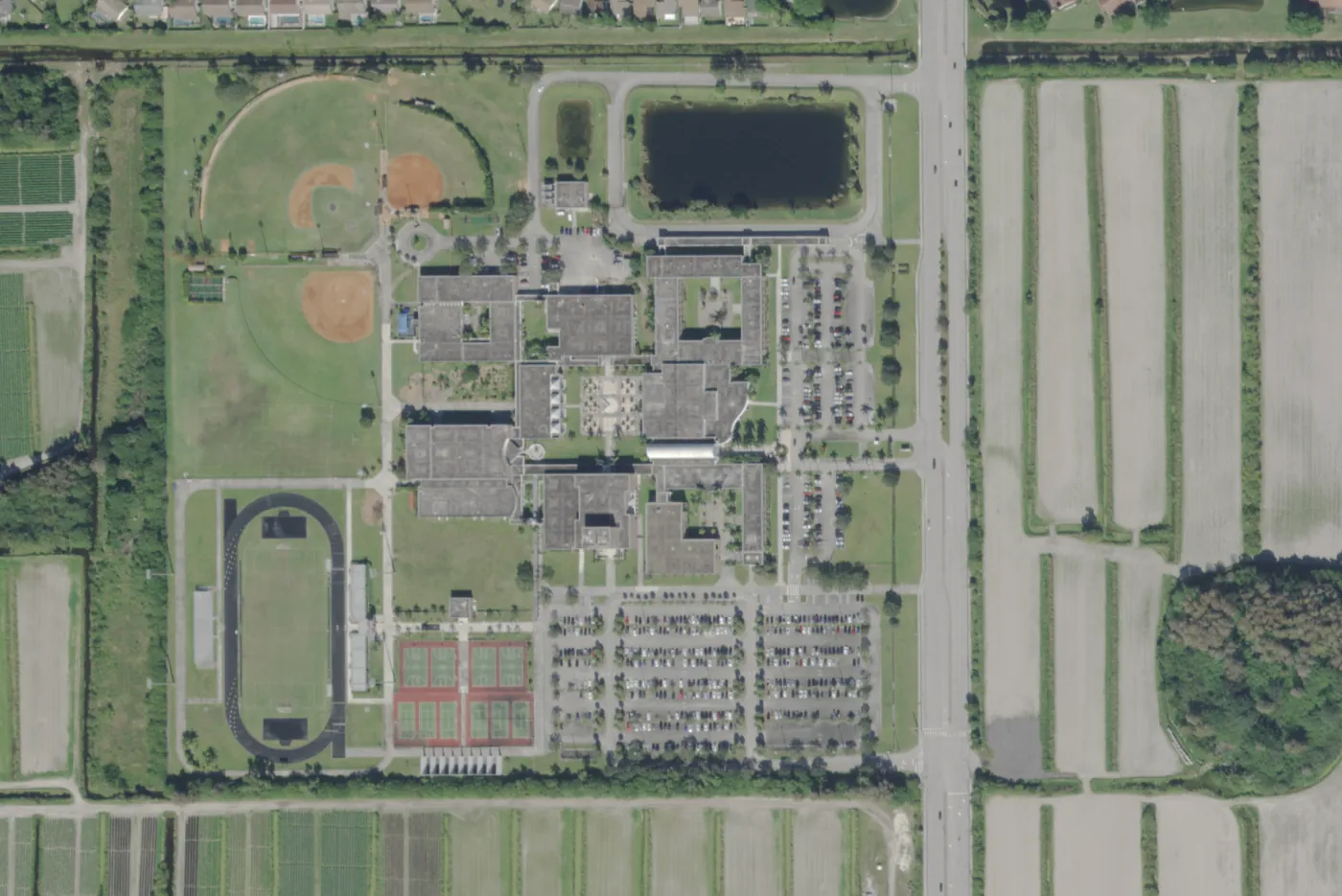 Olympic Heights Community High's campus and fields on Lyons Road in west Boca Raton, seen from the air