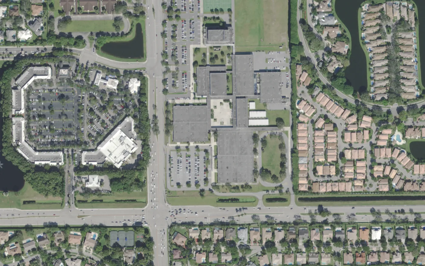 Spanish River Community High's campus and athletic fields on Jog Road in Boca Raton, seen from the air