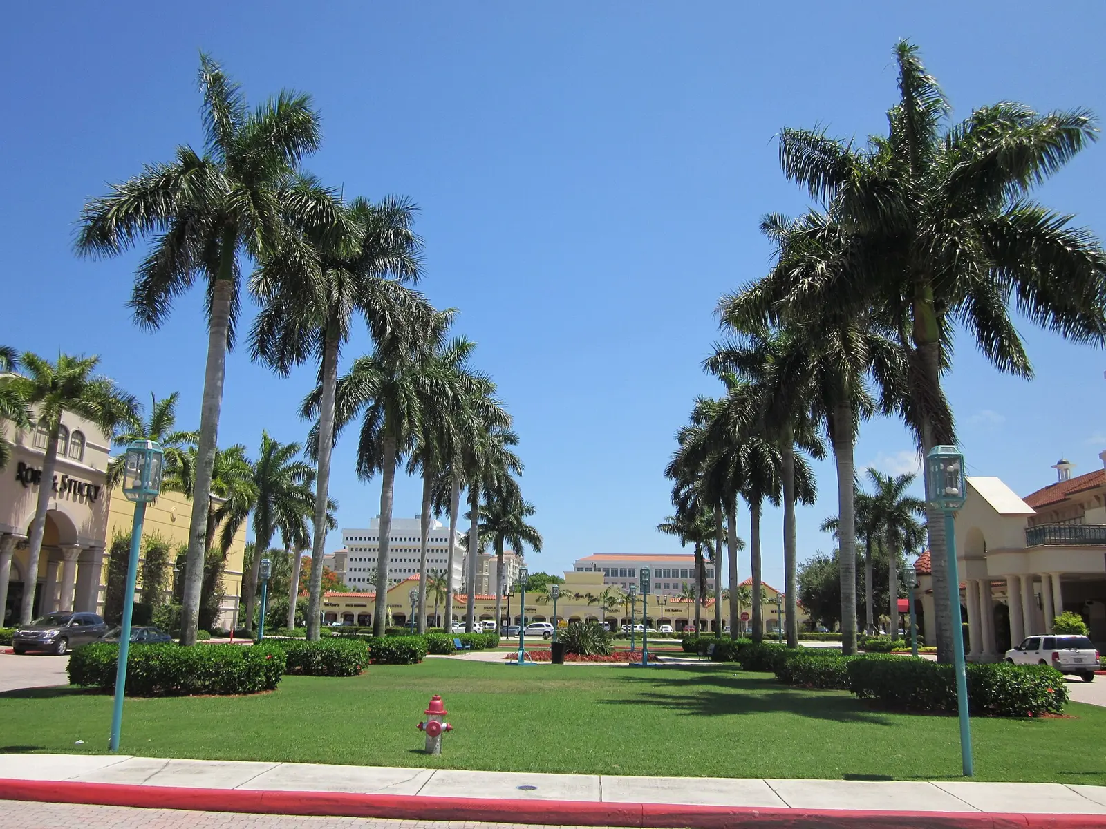 The palm-lined central avenue of Mizner Park in downtown Boca Raton.